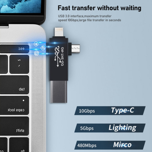 Adaptateur OTG multifonction 3 en 1 USB 3.0 à 8 broches + Micro USB + Interface USB-C / Type-C SH8369882-08