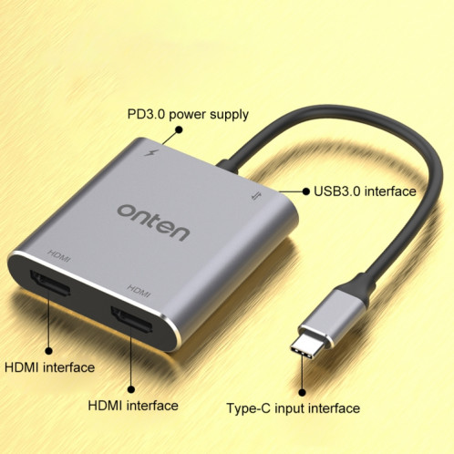 Onten 9175K 4 en 1 USB-C / Type-C vers double HDMI + USB 3.0 + PD3.0 Port de charge USB-C / Type-C Convertisseur vidéo 4K HD SO84541712-06