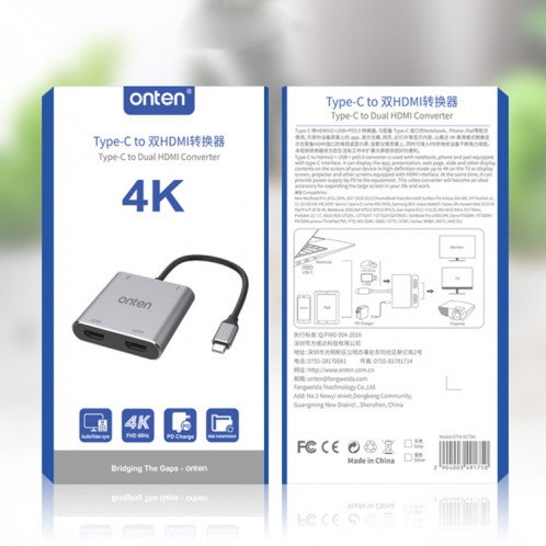 Onten 9175K 4 en 1 USB-C / Type-C vers double HDMI + USB 3.0 + PD3.0 Port de charge USB-C / Type-C Convertisseur vidéo 4K HD SO84541712-06