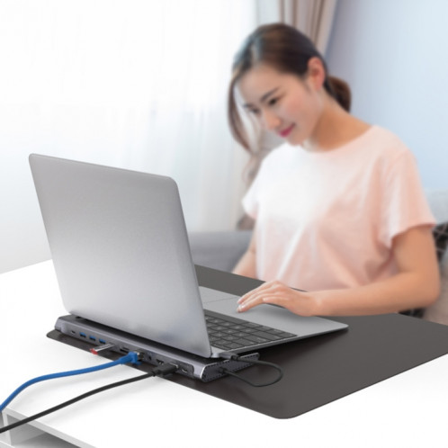 9199 12 en 1 USB-C / Type-C vers USB-C / Type-C + Emplacement pour carte TF / SD + RJ45 + Audio 3,5 mm + Chargement PD USB-C / Type-C + 2 ports HDMI + 4 ports USB 3.0 Multifonctionnel Station d'accueil pour convertisseur SH84551037-08