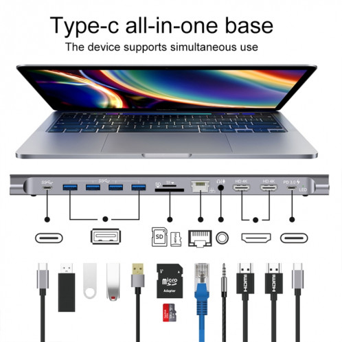 9199 12 en 1 USB-C / Type-C vers USB-C / Type-C + Emplacement pour carte TF / SD + RJ45 + Audio 3,5 mm + Chargement PD USB-C / Type-C + 2 ports HDMI + 4 ports USB 3.0 Multifonctionnel Station d'accueil pour convertisseur SH84551037-08