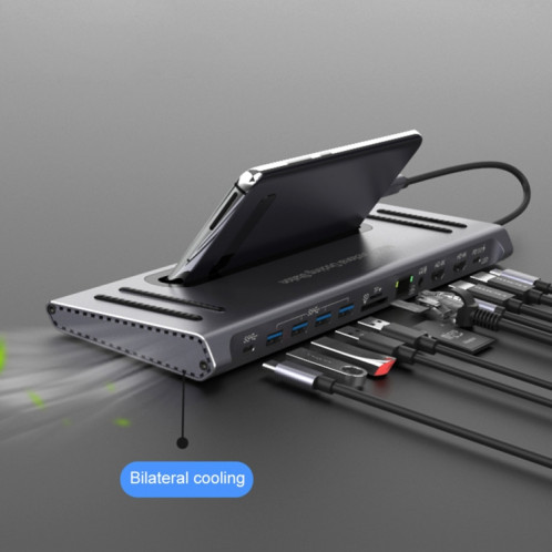 9199 12 en 1 USB-C / Type-C vers USB-C / Type-C + Emplacement pour carte TF / SD + RJ45 + Audio 3,5 mm + Chargement PD USB-C / Type-C + 2 ports HDMI + 4 ports USB 3.0 Multifonctionnel Station d'accueil pour convertisseur SH84551037-08