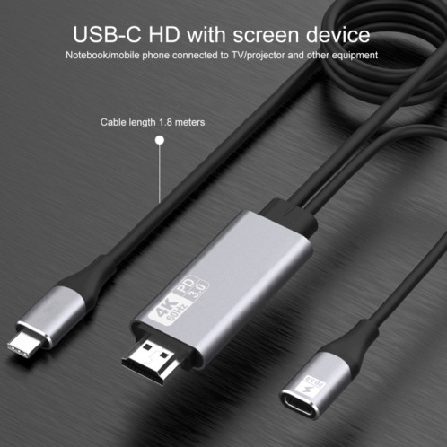 9572PD Câble adaptateur vidéo USB-C / Type-C mâle vers HDMI mâle 4K HD, longueur du câble: 1,8 m SH8456962-012