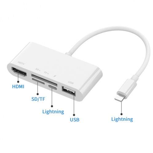 75215 5 en 1 8 broches vers HDMI + fente pour carte SD + fente pour carte TF + USB + port de charge 8 broches convertisseur vidéo HD SH8457808-012