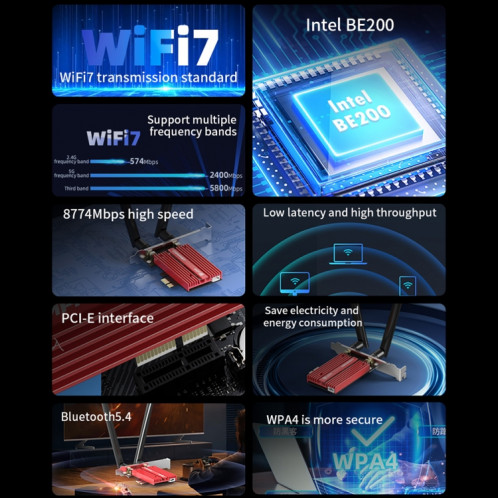 COMFAST CF-BE200 Pro 8774Mbps WiFi7 PCIE adaptateur réseau sans fil récepteur WiFi SC87051922-018