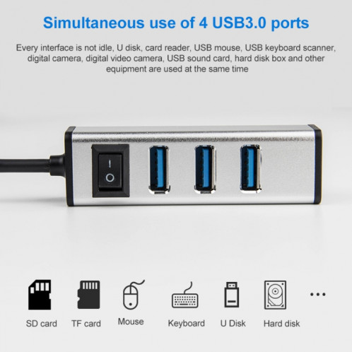 USB-C / TYPE-C à 4 ports USB 3.0 Ports Hub d'alliage d'aluminium avec interrupteur (gris) SH757H139-07