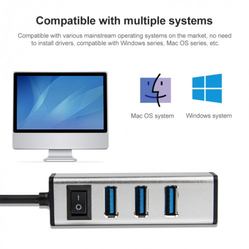 USB-C / TYPE-C à 4 ports USB 3.0 Ports Hub d'alliage d'aluminium avec interrupteur (gris) SH757H139-07