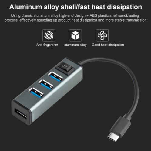 USB-C / TYPE-C à 4 ports USB 3.0 Ports Hub d'alliage d'aluminium avec interrupteur (gris) SH757H139-07