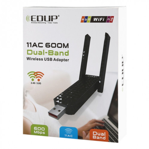 EDUP EP-AC1625 600Mbps 2.4G / 5.8GHz Double Bande 11AC USB 2.0 Adaptateur Carte réseau sans fil avec 2 antennes pour ordinateur portable / PC (Noir) SE980B408-012