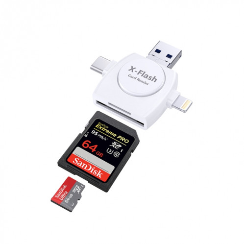 X-Flash R01 3 en 1 8 broches + USB-C / Type-C + Micro USB Interface lecteur de carte SD / TF (blanc) SH991W386-08