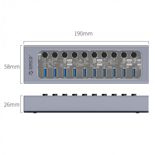 Orico AT2U3-10AB-GY-BP 10 ports USB 3.0 HUB avec interrupteurs individuels et indicateur de LED bleu, prise EU SO43EU829-010