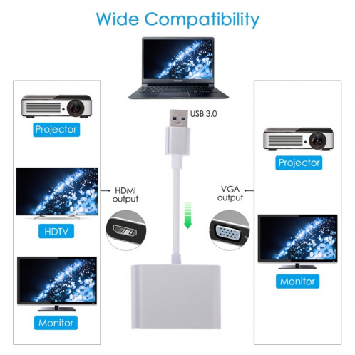Adaptateur 2 en 1 USB 3.0 vers HDMI + VGA (Argent) SH430S365-011