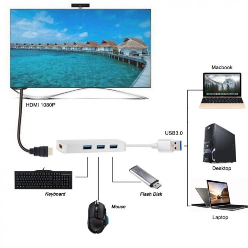 4 en 1 USB 3.0 à 3 x USB 3.0 + adaptateur HDMI (argent) SH431S1912-06