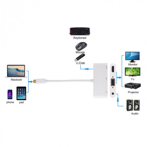 Adaptateur USB 2.0 + Port Audio + VGA + HDMI vers USB-C / Type-C HUB (Blanc) SH606W1177-010