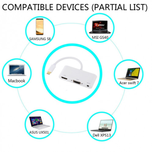Adaptateur USB 2.0 + Port Audio + VGA + HDMI vers USB-C / Type-C HUB (Blanc) SH606W1177-010