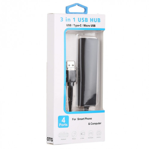 3 en 1 USB-C / Type C + Micro USB + 4 x Convertisseur de concentrateur USB 2.0, Longueur du câble: 12cm (Noir) SH757B1674-06