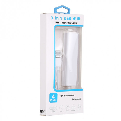 3 en 1 USB-C / Type C + Micro USB + 4 x Convertisseur de concentrateur USB 2.0, Longueur du câble: 12 cm (Blanc) SH757W1717-06