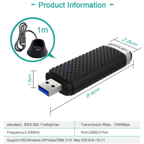 EDUP EP-AC1609 Adaptateur Ethernet pour récepteur USB 3.0 haut débit 1200Mbps avec câble d'extension de 1 m SE9852382-09