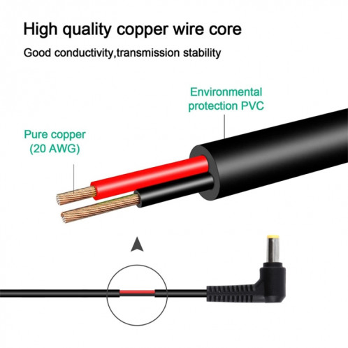 Câble d'alimentation et de chargement pour ordinateur portable PD65W USB-C / Type-C coudé vers 5,5 x 2,5 mm 1,5 m (noir) SH954B1487-07