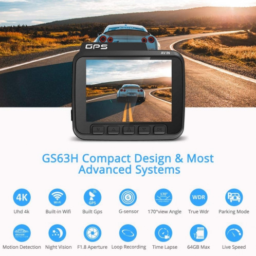 GS63H Voiture DVR Caméra 2.4 pouces LCD HD 2880 x 2160P 150 Degrés Grand Angle Affichage, Support Motion Détection / TF Carte / G-Capteur / GPS / WiFi / HDMI (Noir) SH071B41-016