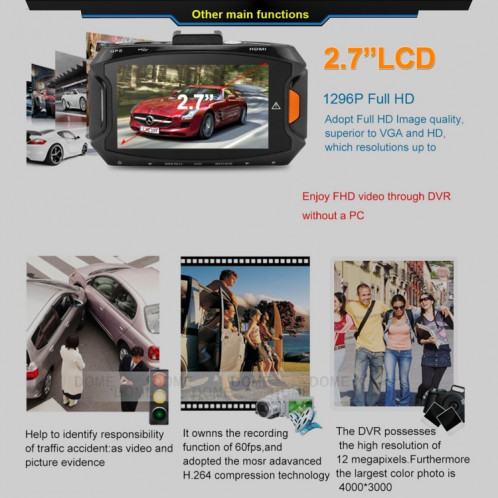 GS90C Voiture DVR Caméra 2.7 pouces Écran LCD HD 2304 x 1296 P 170 Degrés Grand Angle Affichage, Soutien Détection de Mouvement / TF Carte / G-Capteur / HDMI (Noir) SH073B1768-016