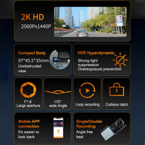 U06 2K Ultra HD Vision nocturne WiFi enregistreur de conduite de voiture prend en charge l'application mobile SH16111673-014