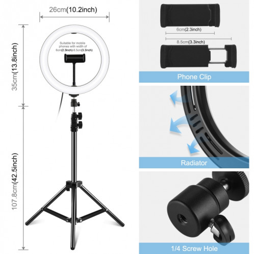 PULUZ 1.1m Trépied + Anneau LED 10 pouces 26cm LED anneau Vlogging kits de diffusion en direct SP3035949-012