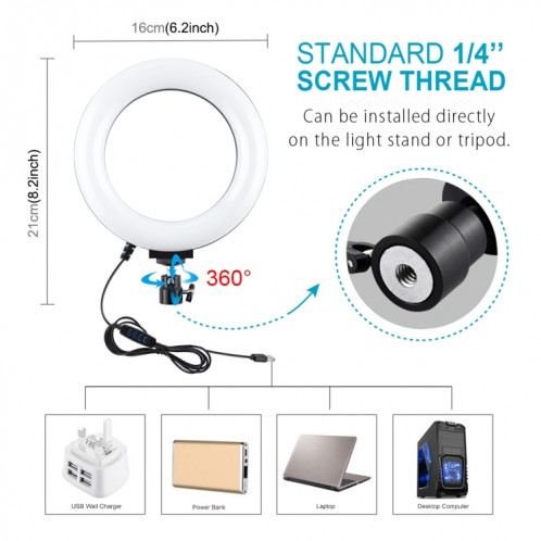 Support de trépied PULUZ + tige d'extension + support en direct pour diffusion téléphonique + 6,2 pouces 16cm anneau LED vlogging vidéo kits de lumière SP3038756-015