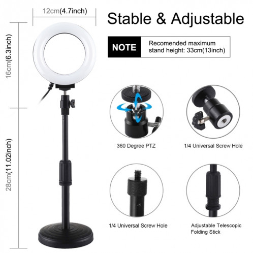Puluz 4,7 pouces 12 cm Bague de surface incurvée + montage de bureau ronde Mont USB 10 modes 8 couleurs RGBW DIMMable Bague LED Selfie Beauty Vlogging Photographie Vidéo lumières avec une tête de trépied de SP046B812-017