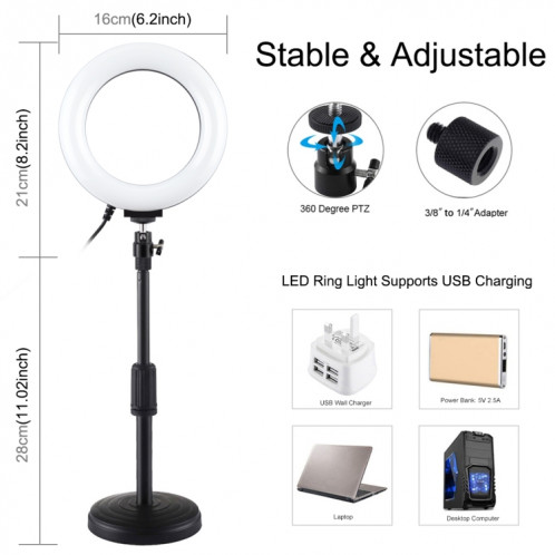 PULUZ 6.2 pouces 16cm USB 10 Modes 8 Couleurs RGBW Dimmable Anneau LED Vlogging Photographie Vidéo Lumières + Base Ronde Support De Bureau Avec Trépied À Chaussure Froide Rotule (Noir) SP047B1351-015