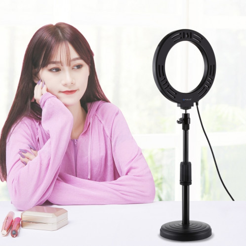 PULUZ 6.2 pouces 16cm USB 10 Modes 8 Couleurs RGBW Dimmable Anneau LED Vlogging Photographie Vidéo Lumières + Base Ronde Support De Bureau Avec Trépied À Chaussure Froide Rotule (Noir) SP047B1351-015