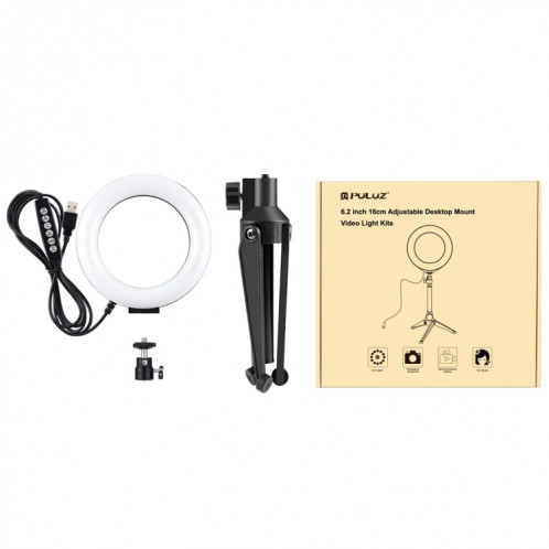 PULUZ 6.2 pouces 16cm USB 10 modes 8 couleurs RGBW Dimmable LED Ring Vlogging Photographie Video Lights + Support de trépied de bureau avec tête de trépied à chaussure froide (noir) SP048B383-015