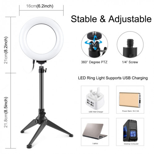 PULUZ 6.2 pouces 16cm USB 10 modes 8 couleurs RGBW Dimmable LED Ring Vlogging Photographie Video Lights + Support de trépied de bureau avec tête de trépied à chaussure froide (noir) SP048B383-015