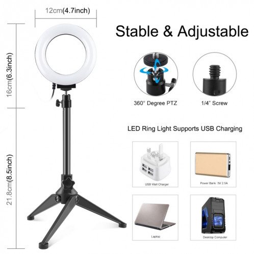 PULUZ 4.7 pouces 12cm USB 10 modes 8 couleurs RGBW Dimmable LED Anneau Vlogging Photographie Vidéo Lumières + Support de trépied de bureau avec tête de trépied à chaussure froide (noir) SP049B89-017