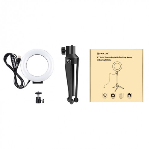 PULUZ 4.7 pouces 12cm USB 10 modes 8 couleurs RGBW Dimmable LED Anneau Vlogging Photographie Vidéo Lumières + Support de trépied de bureau avec tête de trépied à chaussure froide (noir) SP049B89-017