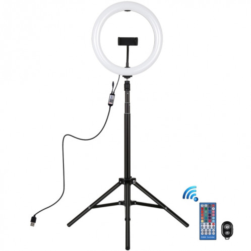 PULUZ 10.2 pouces 26cm RGBW Light + 1.65m Trépied Mount Surface incurvée USB RGBW Dimmable LED Ring Vlogging Video Light Live Broadcast Kits avec Cold Shoe Trépied Ball Head & Phone Clamp & Remote Control (Noir) SP054B593-019