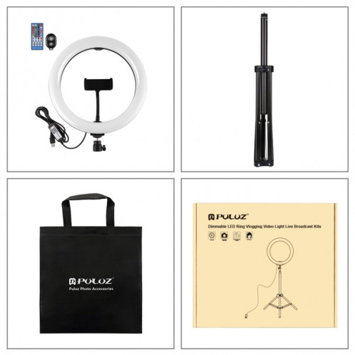 PULUZ 10.2 pouces 26cm RGBW Light + 1.65m Trépied Mount Surface incurvée USB RGBW Dimmable LED Ring Vlogging Video Light Live Broadcast Kits avec Cold Shoe Trépied Ball Head & Phone Clamp & Remote Control (Noir) SP054B593-019
