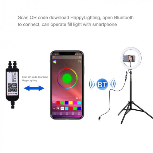 PULUZ 10.2 pouces 26cm RGBW Light + 1.65m Trépied Mount Surface incurvée USB RGBW Dimmable LED Ring Vlogging Video Light Live Broadcast Kits avec Cold Shoe Trépied Ball Head & Phone Clamp & Remote Control (Noir) SP054B593-019