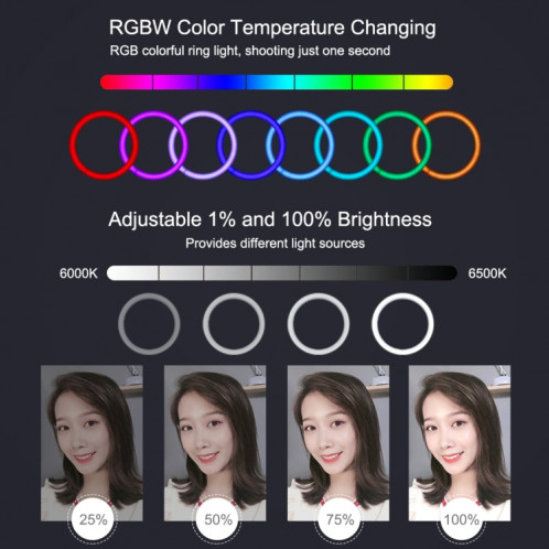 Puluz 10,2 pouces 26cm RGBW Light + 1,65 m de trépied Mount + Support de téléphone double Courbe Surface USB RGBW Dimmable Bague LED Selfie Beauté Vlogging Light Light Light Light Broadcast Kits de boule de trépied SP055B425-019