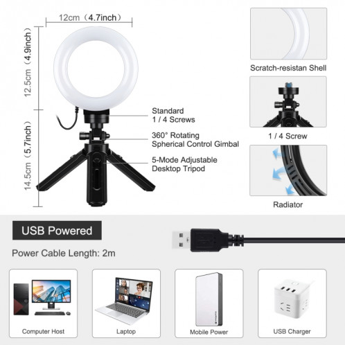PULUZ 4,7 pouces 12cm USB 3 modes Dimmable Anneau LED Vlogging Photographie Lumières Vidéo + Kit de montage de trépied de poche avec tête de trépied à chaussure froide (Noir) SP058B1028-011
