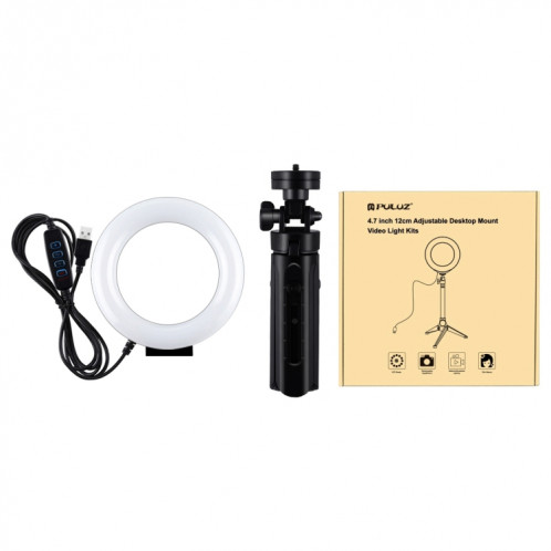 PULUZ 4,7 pouces 12cm USB 3 modes Dimmable Anneau LED Vlogging Photographie Lumières Vidéo + Kit de montage de trépied de poche avec tête de trépied à chaussure froide (Noir) SP058B1028-011
