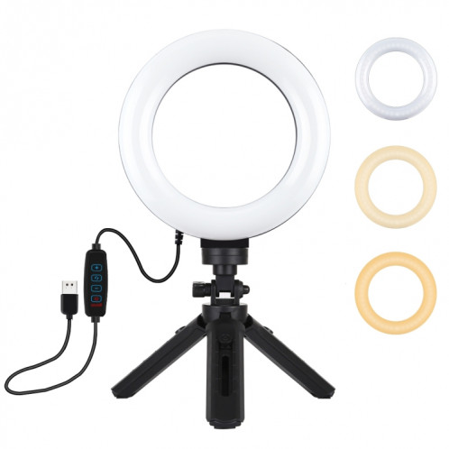 PULUZ 6.2 pouces 16cm USB 3 modes Dimmable Anneau LED Vlogging Photographie Lumières vidéo + Kit de montage de trépied de poche avec tête de trépied à chaussure froide (Noir) SP059B544-015