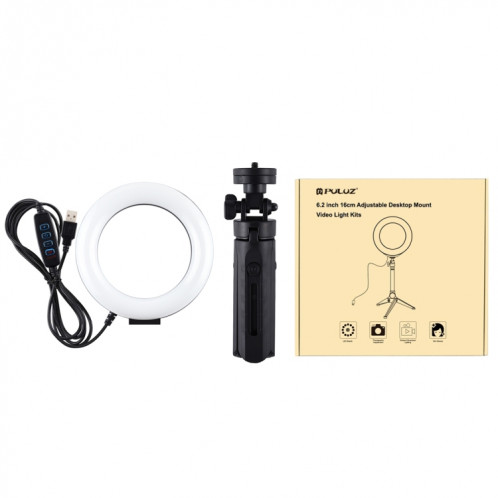 PULUZ 6.2 pouces 16cm USB 3 modes Dimmable Anneau LED Vlogging Photographie Lumières vidéo + Kit de montage de trépied de poche avec tête de trépied à chaussure froide (Noir) SP059B544-015