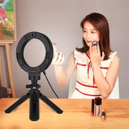 PULUZ 6.2 pouces 16cm USB 3 modes Dimmable Anneau LED Vlogging Photographie Lumières vidéo + Kit de montage de trépied de poche avec tête de trépied à chaussure froide (Noir) SP059B544-015