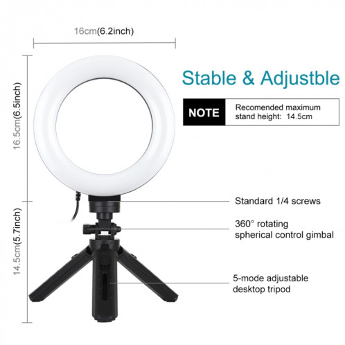 PULUZ 6.2 pouces 16cm USB 3 modes Dimmable Anneau LED Vlogging Photographie Lumières vidéo + Kit de montage de trépied de poche avec tête de trépied à chaussure froide (Noir) SP059B544-015