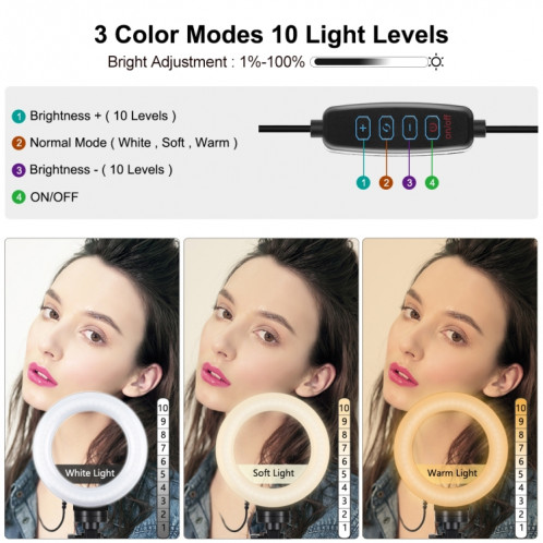 PULUZ 6.2 pouces 16cm USB 3 modes Dimmable Anneau LED Vlogging Photographie Lumières vidéo + Kit de montage de trépied de poche avec tête de trépied à chaussure froide (Noir) SP059B544-015