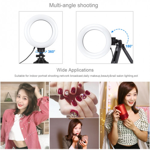 PULUZ 6.2 pouces 16cm USB 3 modes Dimmable Anneau LED Vlogging Photographie Lumières vidéo + Kit de montage de trépied de poche avec tête de trépied à chaussure froide (Noir) SP059B544-015