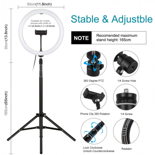 PULUZ 11.8 pouces 30cm Light + 1.65m Support de trépied Surface incurvée USB 3 modes Dimmable Double Anneau de LED de température de couleur Vlogging Video Light Kits de diffusion en direct avec pince de téléphone SP061B1636-015
