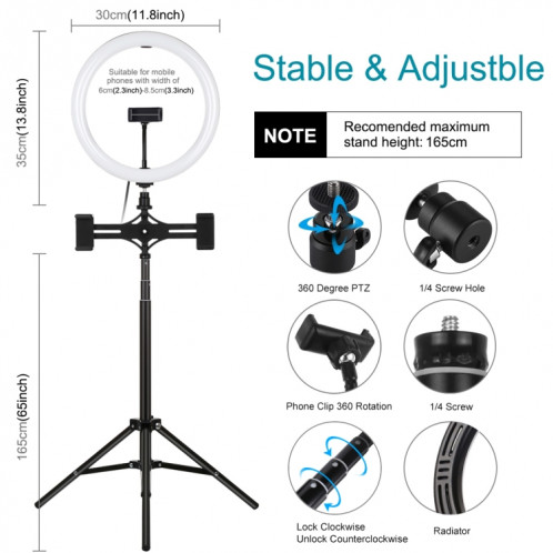 PULUZ 11.8 pouces 30cm Lumière + Trépied 1.65m + Support de téléphone double Surface incurvée USB 3 modes Dimmable Anneau LED de température double couleur Vlogging Video Light Kits de diffusion en direct avec SP062B980-015