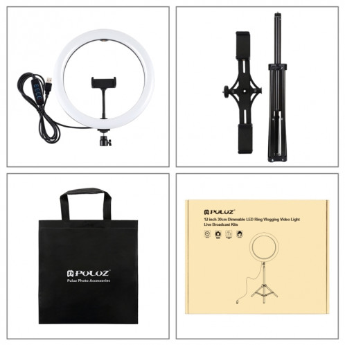 PULUZ 11.8 pouces 30cm Lumière + Trépied 1.65m + Support de téléphone double Surface incurvée USB 3 modes Dimmable Anneau LED de température double couleur Vlogging Video Light Kits de diffusion en direct avec SP062B980-015